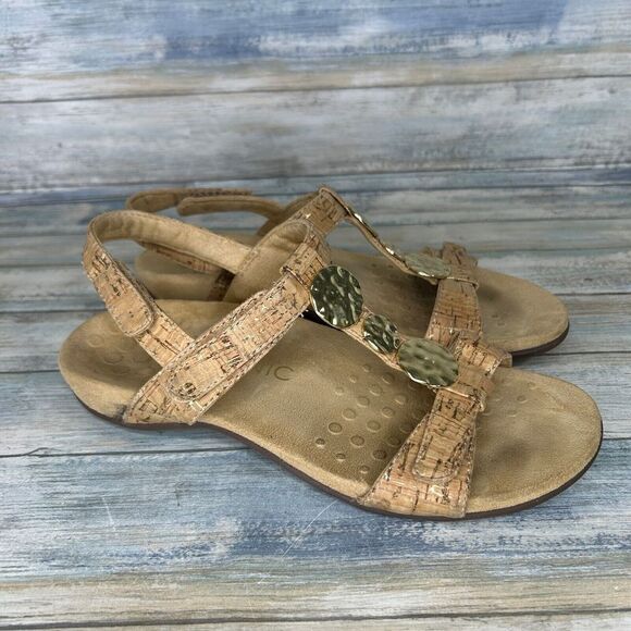 Vionic Sandals Farra Womens 8 Leather Slingback Adjustable Cork Beige - Picture 3 of 9